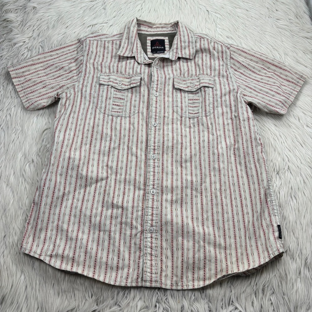 Prana Men's L Torres SS Button‎ Front Shirt Beige Red Geo Stripe Gorpcore